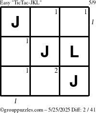 The grouppuzzles.com Easy TicTac-JKL puzzle for Sunday May 25, 2025, suitable for printing, with all 2 steps marked
