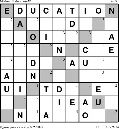 The grouppuzzles.com Medium Education-X puzzle for Sunday May 25, 2025 with the first 3 steps marked
