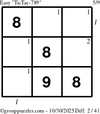 The grouppuzzles.com Easy TicTac-789 puzzle for Thursday October 30, 2025 with all 2 steps marked