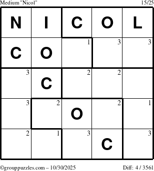 The grouppuzzles.com Medium Nicol puzzle for Thursday October 30, 2025 with the first 3 steps marked