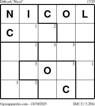 The grouppuzzles.com Difficult Nicol puzzle for Thursday October 30, 2025 with the first 3 steps marked