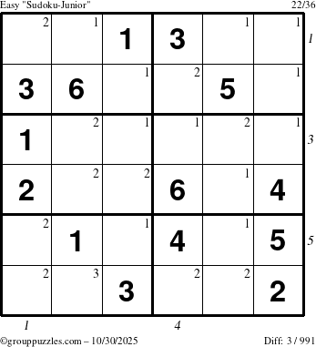 The grouppuzzles.com Easy Sudoku-Junior puzzle for Thursday October 30, 2025 with all 3 steps marked