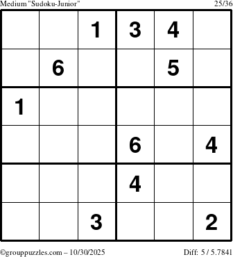 The grouppuzzles.com Medium Sudoku-Junior puzzle for Thursday October 30, 2025
