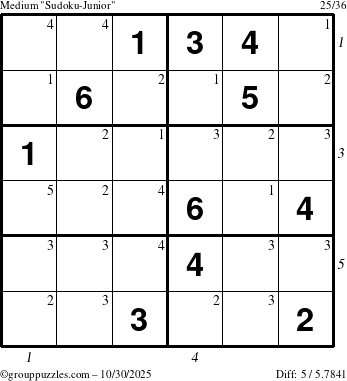 The grouppuzzles.com Medium Sudoku-Junior puzzle for Thursday October 30, 2025 with all 5 steps marked