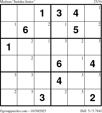 The grouppuzzles.com Medium Sudoku-Junior puzzle for Thursday October 30, 2025 with the first 3 steps marked