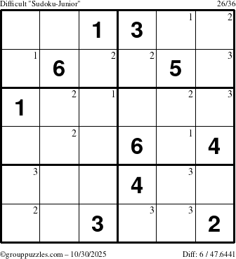 The grouppuzzles.com Difficult Sudoku-Junior puzzle for Thursday October 30, 2025 with the first 3 steps marked
