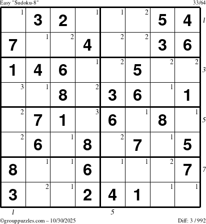 The grouppuzzles.com Easy Sudoku-8 puzzle for Thursday October 30, 2025, suitable for printing, with all 3 steps marked
