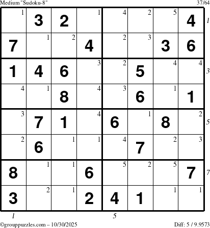 The grouppuzzles.com Medium Sudoku-8 puzzle for Thursday October 30, 2025 with all 5 steps marked