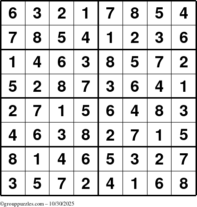 The grouppuzzles.com Answer grid for the Sudoku-8 puzzle for Thursday October 30, 2025