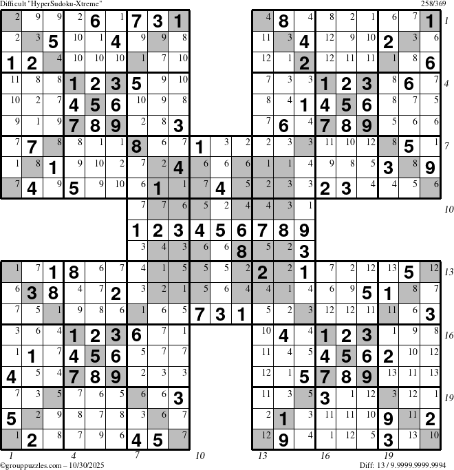 The grouppuzzles.com Difficult cover-HyperXtreme puzzle for Thursday October 30, 2025, suitable for printing, with all 13 steps marked