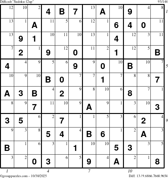 The grouppuzzles.com Difficult Sudoku-12up puzzle for Thursday October 30, 2025 with all 13 steps marked
