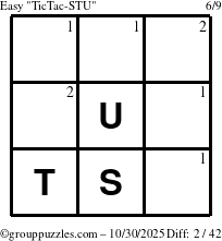 The grouppuzzles.com Easy TicTac-STU puzzle for Thursday October 30, 2025 with the first 2 steps marked