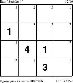 The grouppuzzles.com Easy Sudoku-4 puzzle for Sunday October 4, 2026 with the first 3 steps marked