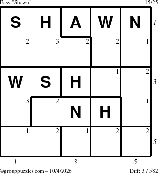 The grouppuzzles.com Easy Shawn puzzle for Sunday October 4, 2026 with all 3 steps marked