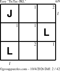 The grouppuzzles.com Easy TicTac-JKL puzzle for Sunday October 4, 2026, suitable for printing, with all 2 steps marked
