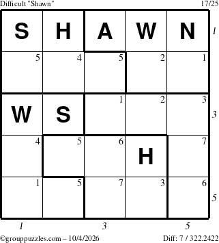 The grouppuzzles.com Difficult Shawn puzzle for Sunday October 4, 2026 with all 7 steps marked