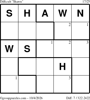 The grouppuzzles.com Difficult Shawn puzzle for Sunday October 4, 2026 with the first 3 steps marked