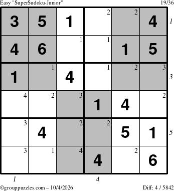 The grouppuzzles.com Easy SuperSudoku-Junior puzzle for Sunday October 4, 2026, suitable for printing, with all 4 steps marked