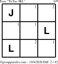 The grouppuzzles.com Easy TicTac-JKL puzzle for Sunday October 4, 2026 with the first 2 steps marked