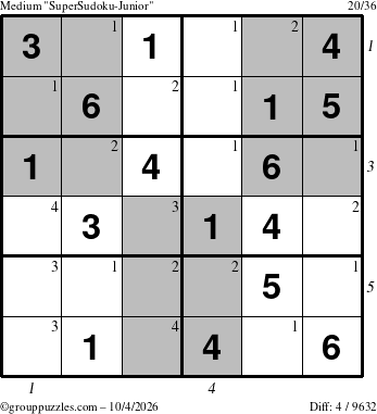 The grouppuzzles.com Medium SuperSudoku-Junior puzzle for Sunday October 4, 2026, suitable for printing, with all 4 steps marked
