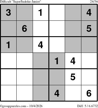 The grouppuzzles.com Difficult SuperSudoku-Junior puzzle for Sunday October 4, 2026