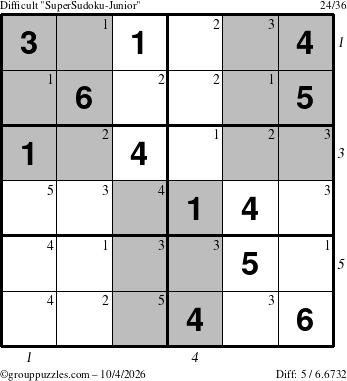 The grouppuzzles.com Difficult SuperSudoku-Junior puzzle for Sunday October 4, 2026 with all 5 steps marked