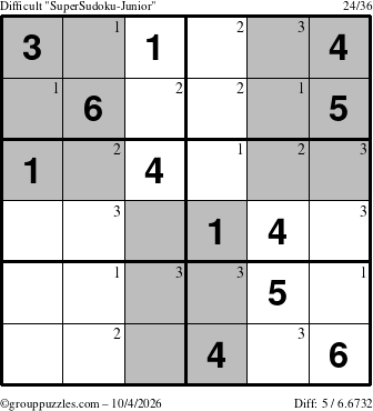 The grouppuzzles.com Difficult SuperSudoku-Junior puzzle for Sunday October 4, 2026 with the first 3 steps marked