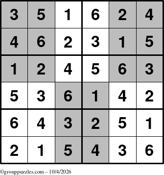 The grouppuzzles.com Answer grid for the SuperSudoku-Junior puzzle for Sunday October 4, 2026