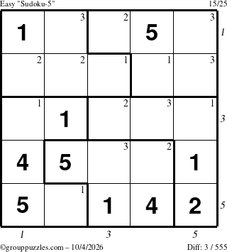 The grouppuzzles.com Easy Sudoku-5 puzzle for Sunday October 4, 2026, suitable for printing, with all 3 steps marked