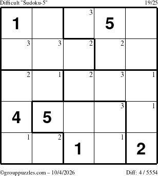 The grouppuzzles.com Difficult Sudoku-5 puzzle for Sunday October 4, 2026 with the first 3 steps marked