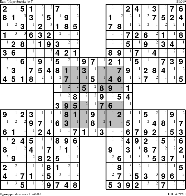 The grouppuzzles.com Easy HyperSudoku-by5 puzzle for Sunday October 4, 2026 with the first 3 steps marked