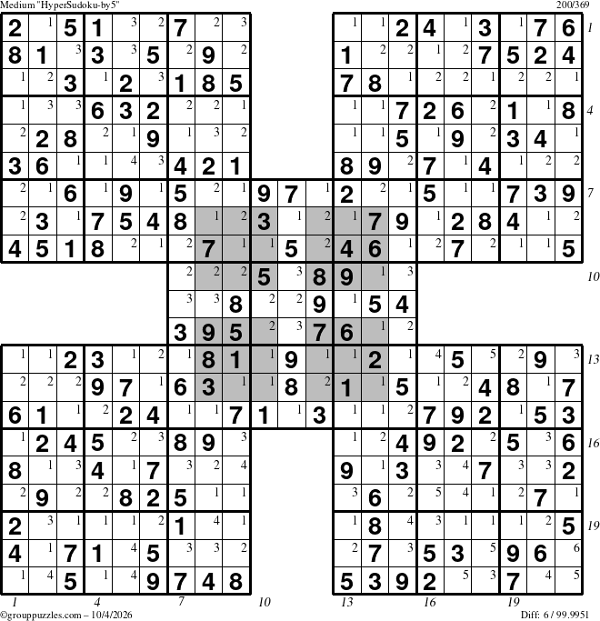 The grouppuzzles.com Medium HyperSudoku-by5 puzzle for Sunday October 4, 2026, suitable for printing, with all 6 steps marked