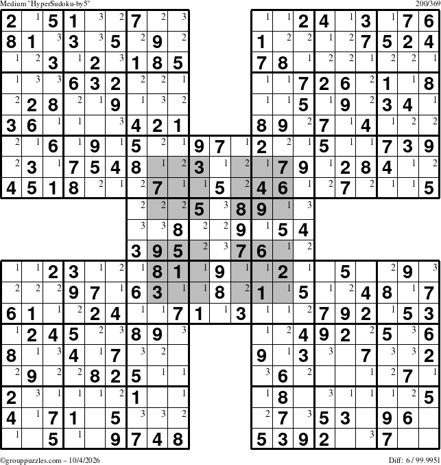 The grouppuzzles.com Medium HyperSudoku-by5 puzzle for Sunday October 4, 2026 with the first 3 steps marked