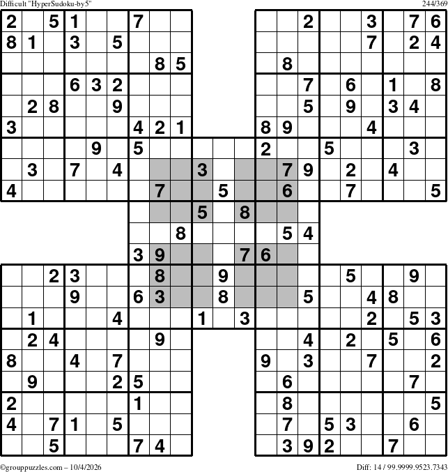The grouppuzzles.com Difficult HyperSudoku-by5 puzzle for Sunday October 4, 2026