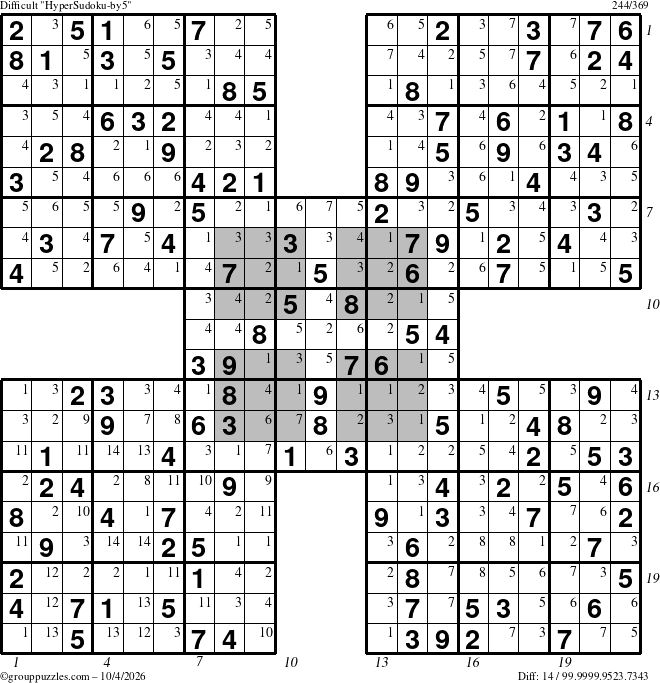 The grouppuzzles.com Difficult HyperSudoku-by5 puzzle for Sunday October 4, 2026 with all 14 steps marked