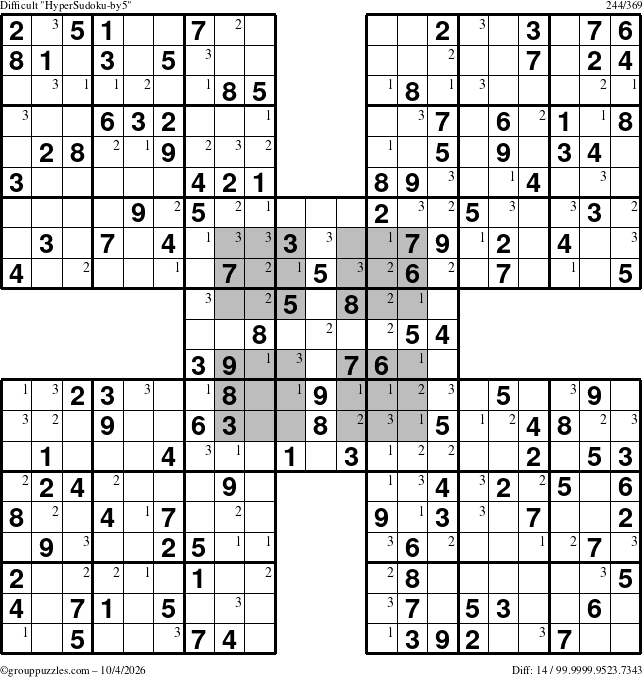 The grouppuzzles.com Difficult HyperSudoku-by5 puzzle for Sunday October 4, 2026 with the first 3 steps marked