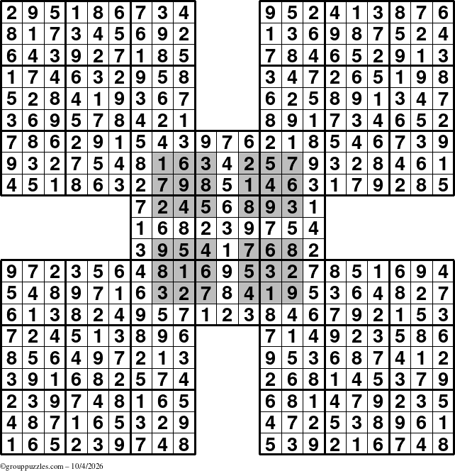 The grouppuzzles.com Answer grid for the HyperSudoku-by5 puzzle for Sunday October 4, 2026