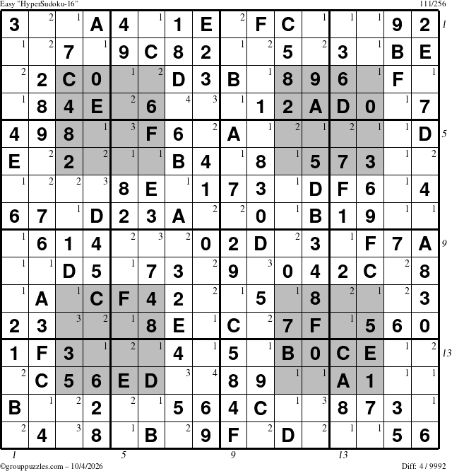 The grouppuzzles.com Easy HyperSudoku-16 puzzle for Sunday October 4, 2026, suitable for printing, with all 4 steps marked