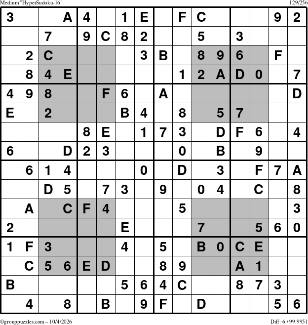 The grouppuzzles.com Medium HyperSudoku-16 puzzle for Sunday October 4, 2026