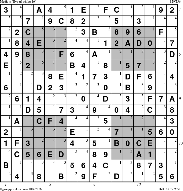 The grouppuzzles.com Medium HyperSudoku-16 puzzle for Sunday October 4, 2026, suitable for printing, with all 6 steps marked