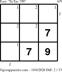 The grouppuzzles.com Easy TicTac-789 puzzle for Sunday October 4, 2026, suitable for printing, with all 2 steps marked