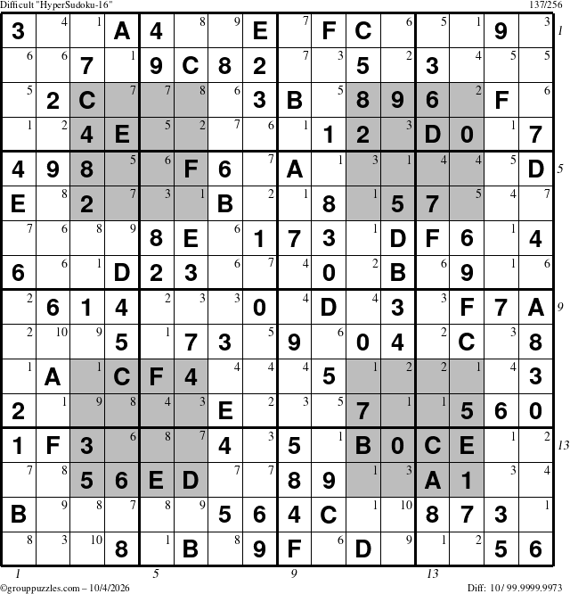 The grouppuzzles.com Difficult HyperSudoku-16 puzzle for Sunday October 4, 2026, suitable for printing, with all 10 steps marked