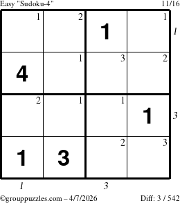 The grouppuzzles.com Easy Sudoku-4 puzzle for Tuesday April 7, 2026, suitable for printing, with all 3 steps marked