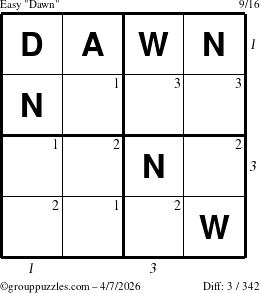 The grouppuzzles.com Easy Dawn puzzle for Tuesday April 7, 2026, suitable for printing, with all 3 steps marked