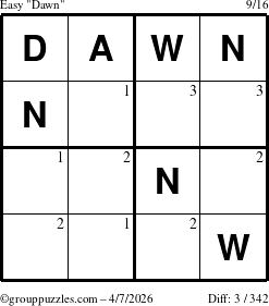 The grouppuzzles.com Easy Dawn puzzle for Tuesday April 7, 2026 with the first 3 steps marked