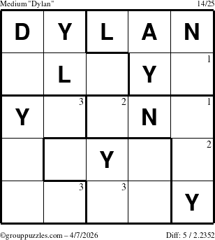 The grouppuzzles.com Medium Dylan puzzle for Tuesday April 7, 2026 with the first 3 steps marked