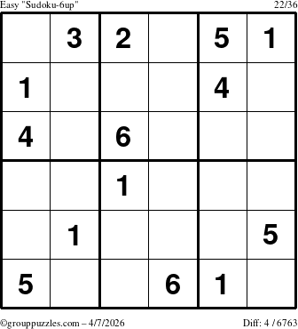 The grouppuzzles.com Easy Sudoku-6up puzzle for Tuesday April 7, 2026