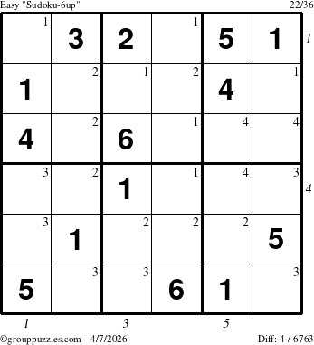 The grouppuzzles.com Easy Sudoku-6up puzzle for Tuesday April 7, 2026, suitable for printing, with all 4 steps marked