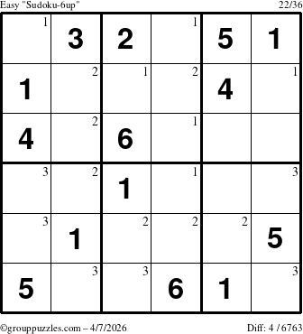 The grouppuzzles.com Easy Sudoku-6up puzzle for Tuesday April 7, 2026 with the first 3 steps marked