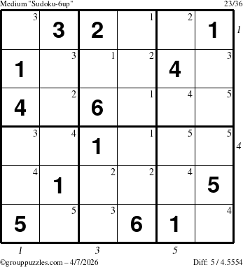 The grouppuzzles.com Medium Sudoku-6up puzzle for Tuesday April 7, 2026, suitable for printing, with all 5 steps marked